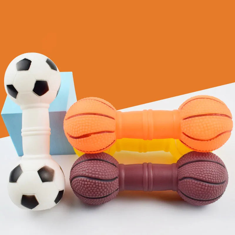 Brown and orange dumbbell-shaped PVC squeaky dog toy for small and medium pets.