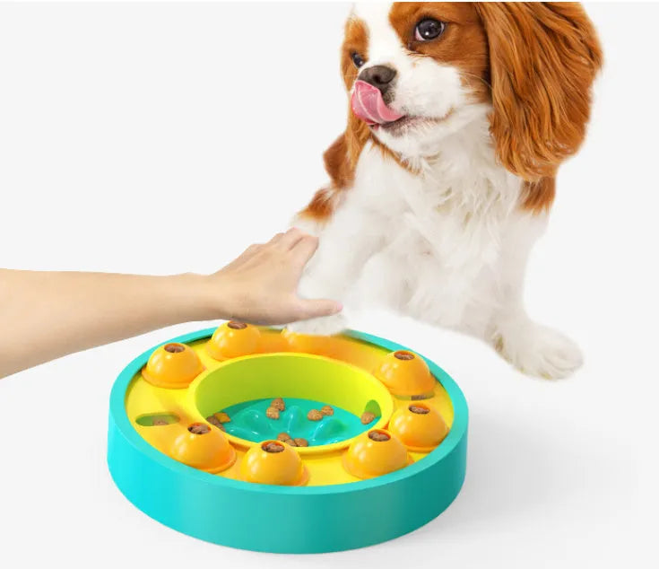 Square lake blue pet puzzle bowl with central slow-feeding column and top-mounted food turntable on a non-slip base.