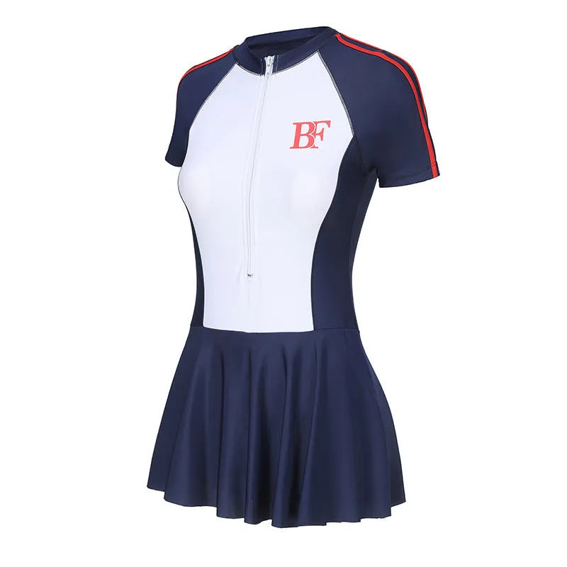 Conservative style one-piece swimsuit for sports in colour-matched pattern with high elasticity polyester construction