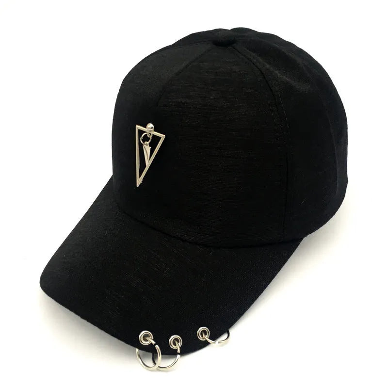 Adjustable cotton sunshade baseball cap with wide brim, dome top, rivet detail, and monochrome pattern in black or apricot.