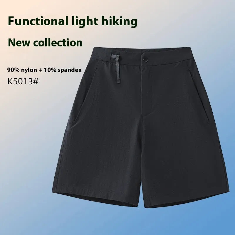 Man wearing khaki 3D cut quick-dry sports shorts with four-way stretch, suitable for running.