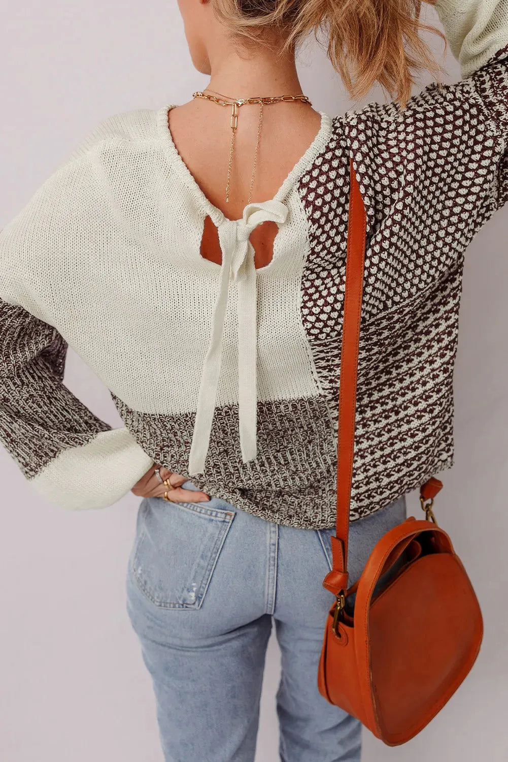 Dark khaki colour block women's sweater with a back tie and drop-shoulder loose fit.