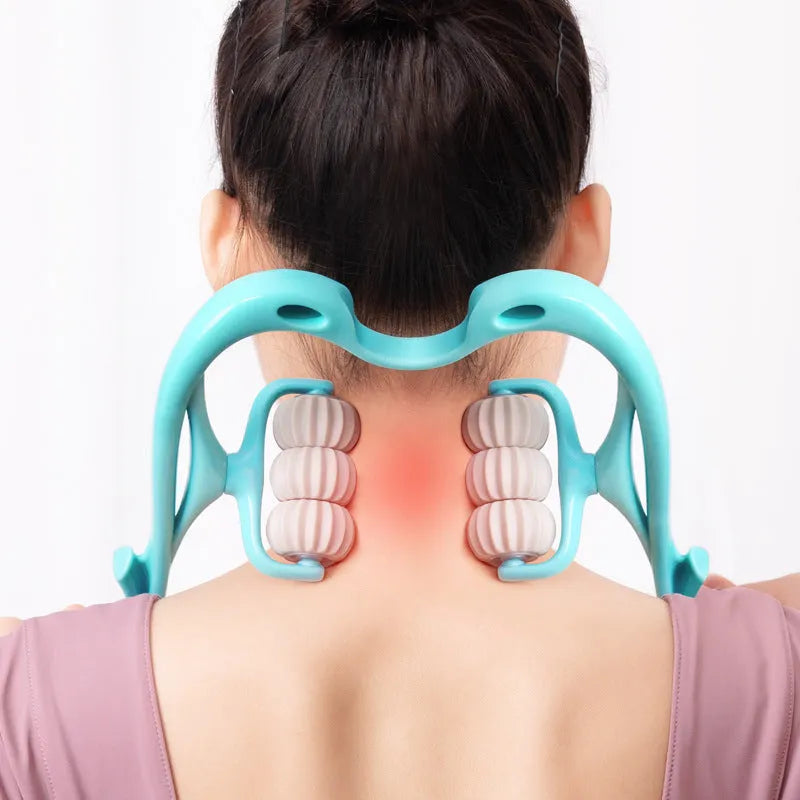 Blue six-wheel electric neck and shoulder massager with U-shaped plastic body on a white background.