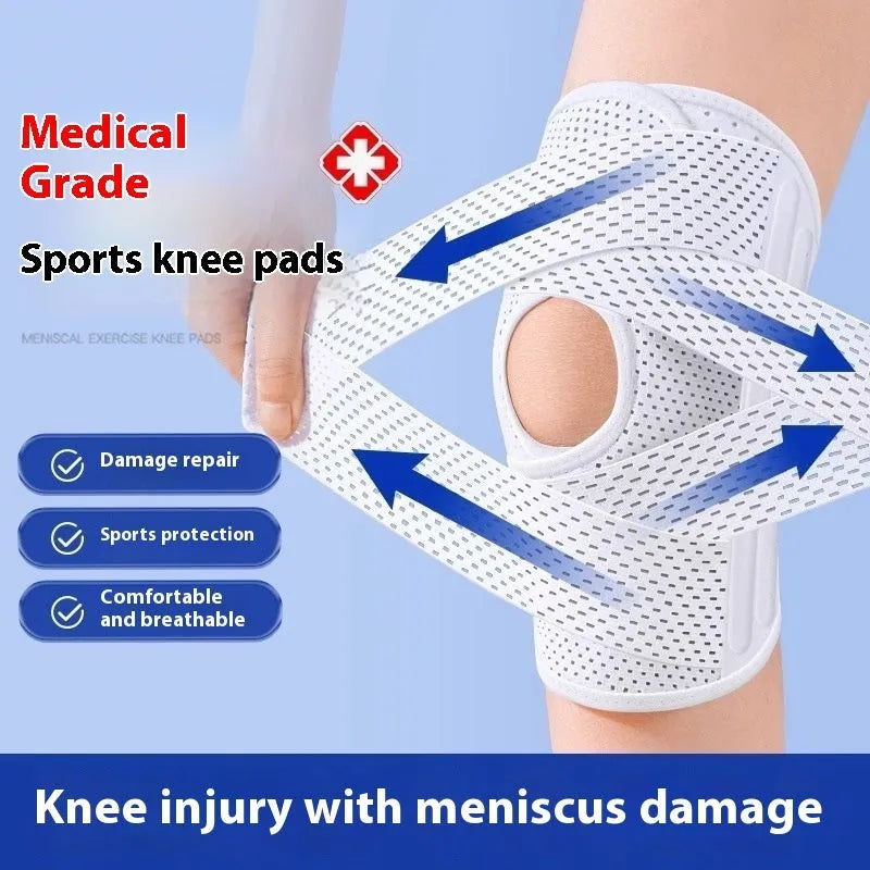 Medical grade breathable knee pad in black or white with four springs and silicone tendon protection for mountaineering