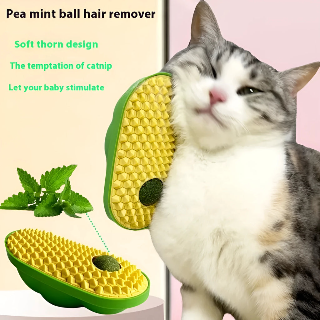 Cat self-service scratching toy in yellow, green, and pink made from ABS and TPE materials measuring 14x6.5cm