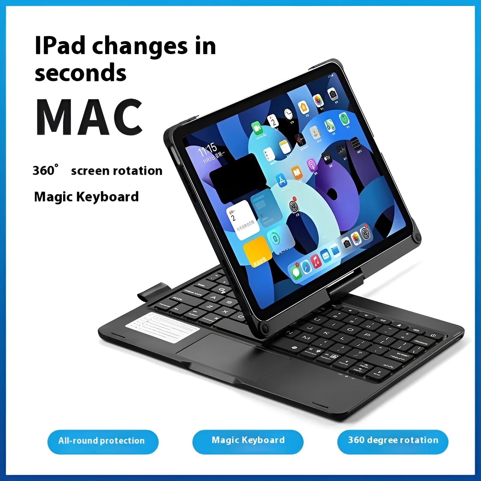 Miaocontrol Bluetooth keyboard with rotating stand holding iPad, showing 360-degree adjustment in aluminium finish