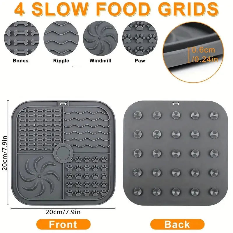 Bottom suction cup non-slip silicone pet slow food mat in gray, with suction cups visible underneath
