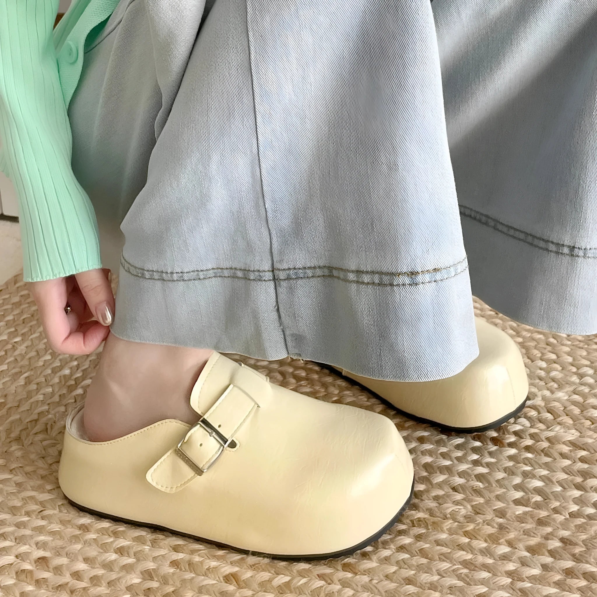 Flat buckle casual sneakers with round toe in yellow, creamy-white, silver, and black colour options