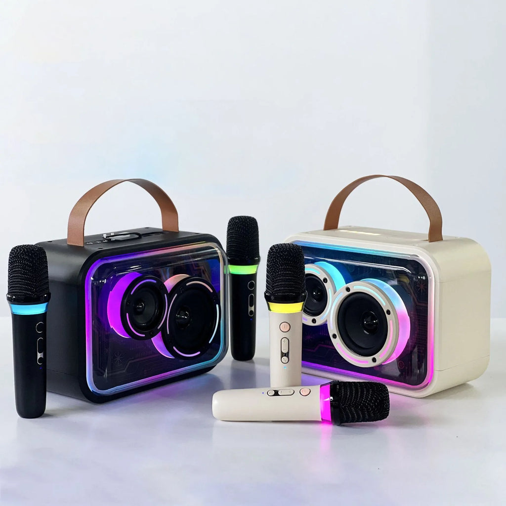 Portable Bluetooth karaoke speaker with colourful RGB lights showing black or light yellow colour options