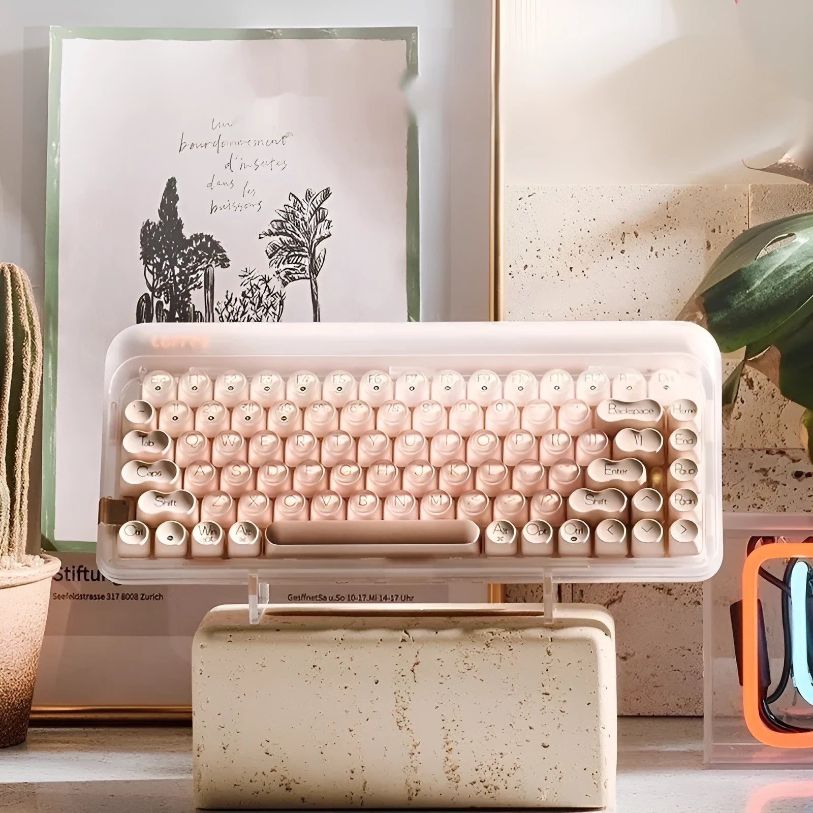 Liquid foundation colour wireless mechanical keyboard, mouse, pick-up lamp, and Bluetooth calculator set on a desk.