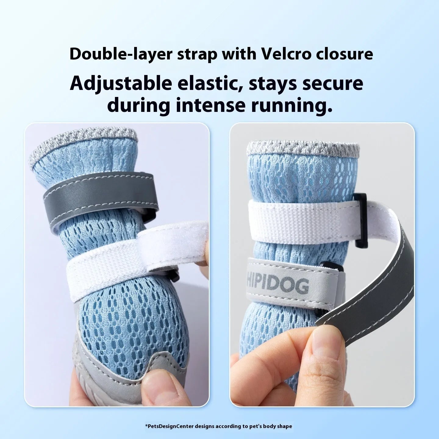 Pair of light blue breathable dog shoes with mesh upper and PU sole on a wooden surface.