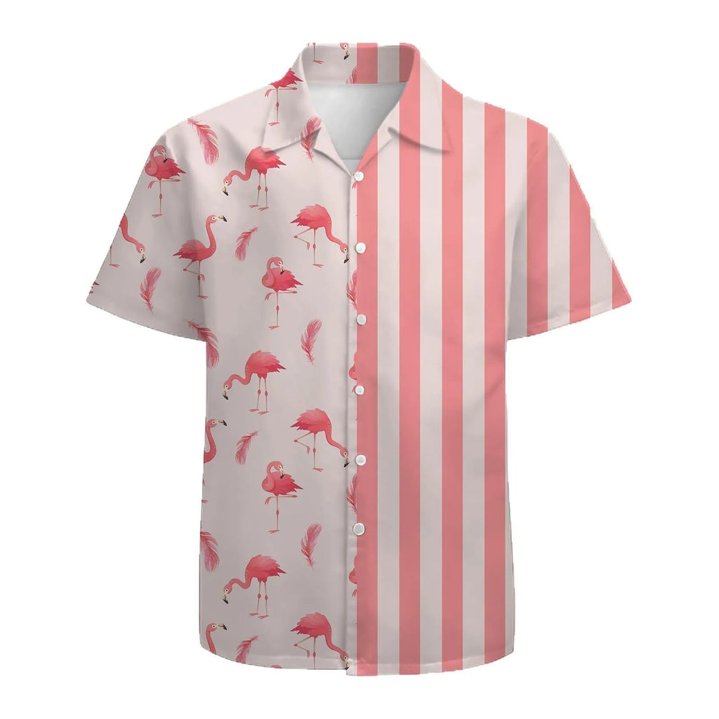 Men's striped short sleeve shirt with stand collar in loose cardigan style