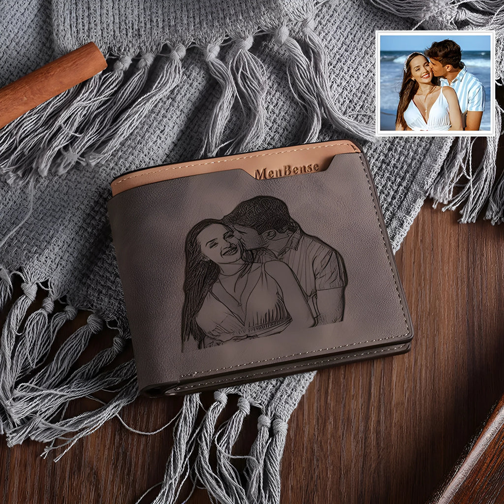 Coffee coloured horizontal short wallet with custom photo engraving and text personalisation.