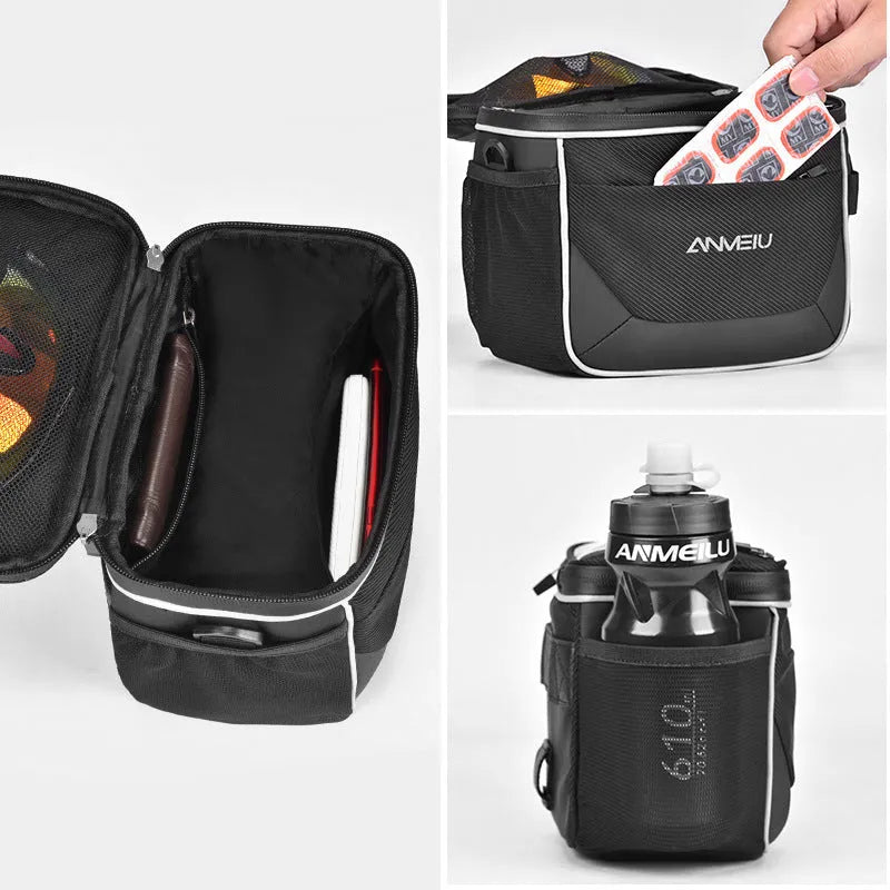 Black polyester bicycle handlebar bag with zippered closure mounted on bicycle