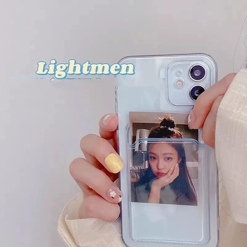 Transparent clear PVC iPhone case with card slots on back for Apple models.