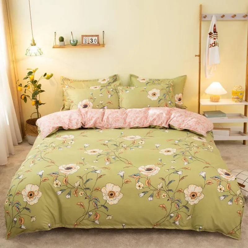 Cotton duvet cover and fitted sheet bedding set in a colour option, shown on a bed