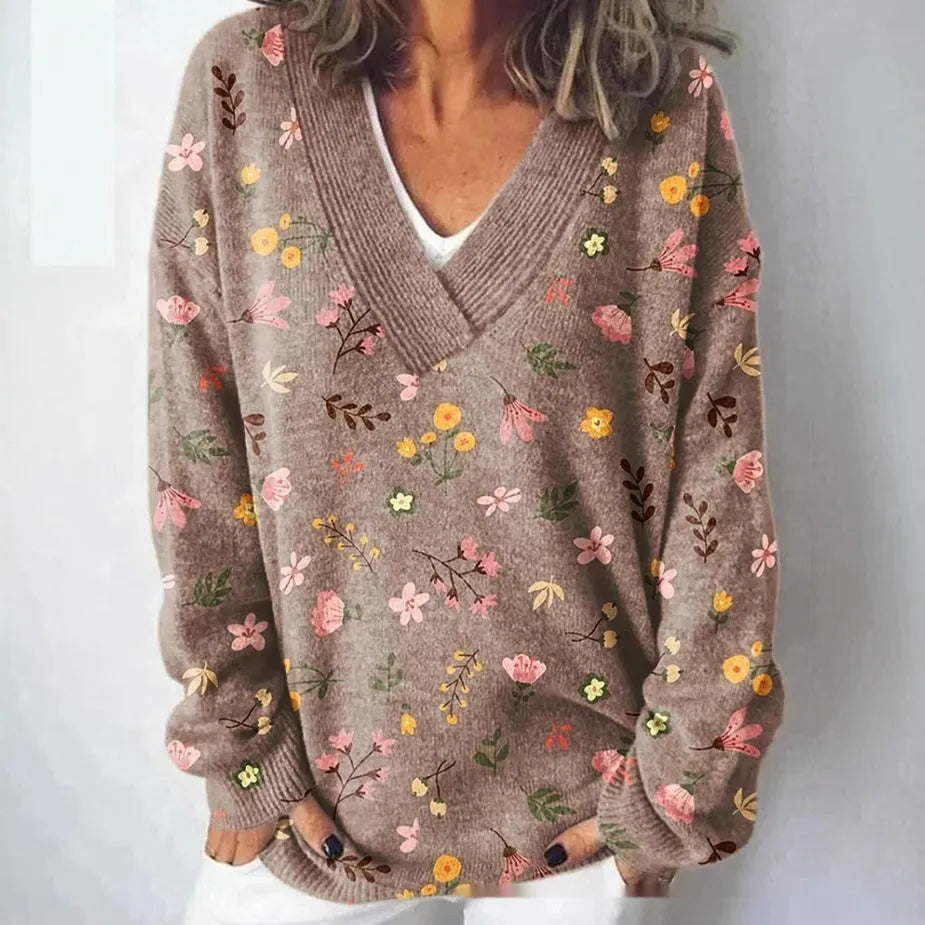 Women's V-neck sweatshirt with 3D floral pattern in art retro style, long sleeves, pullover design