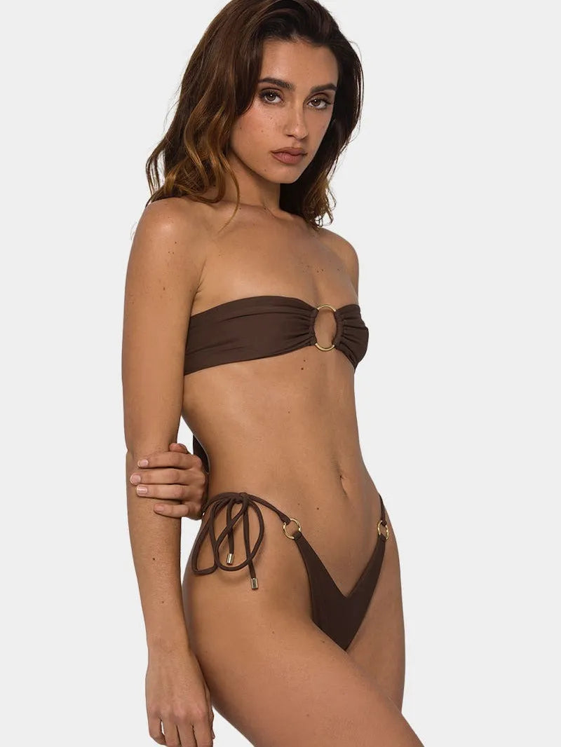 Brown tube-top ring tether push up bikini swimsuit, sleeveless, S to L, nylon, polyester lining