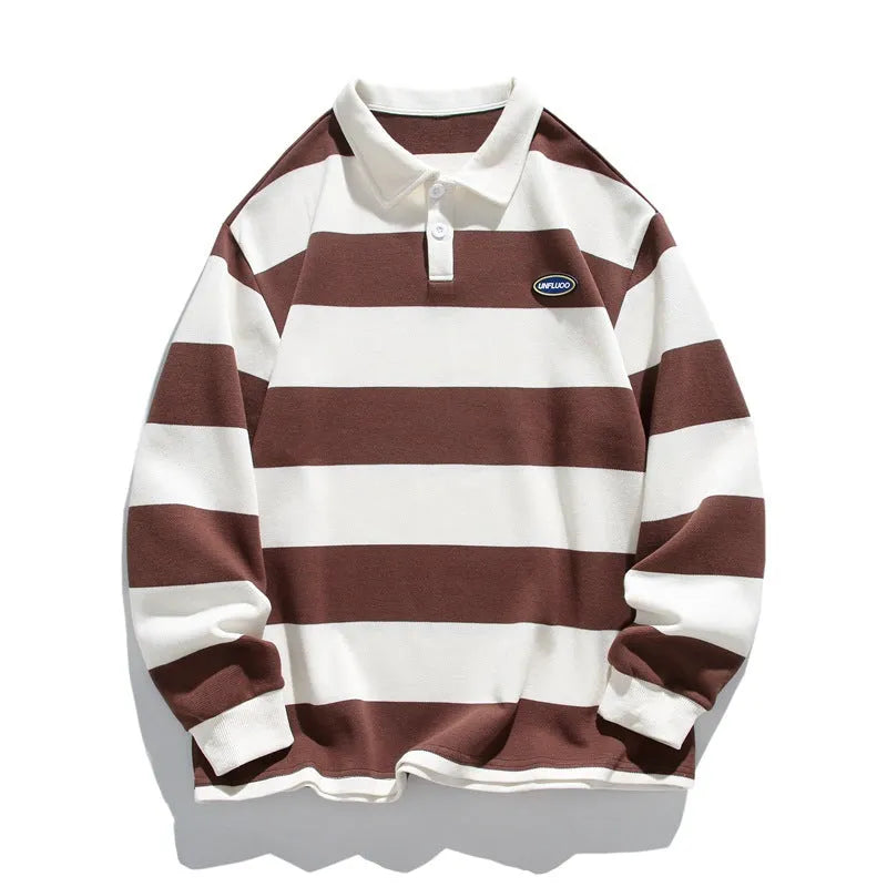Striped pearl cotton polo shirt with sweater lapel collar in loose fit, shown in multiple colours.
