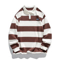 Striped pearl cotton polo shirt with sweater lapel collar in loose fit, shown in multiple colours.