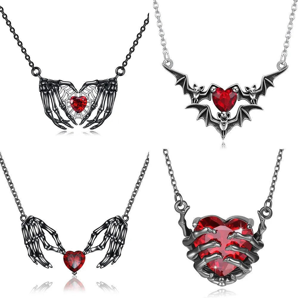 Dark red heart-shape ghost claw pendant necklace on a copper O-ring chain, 41-50cm, unisex