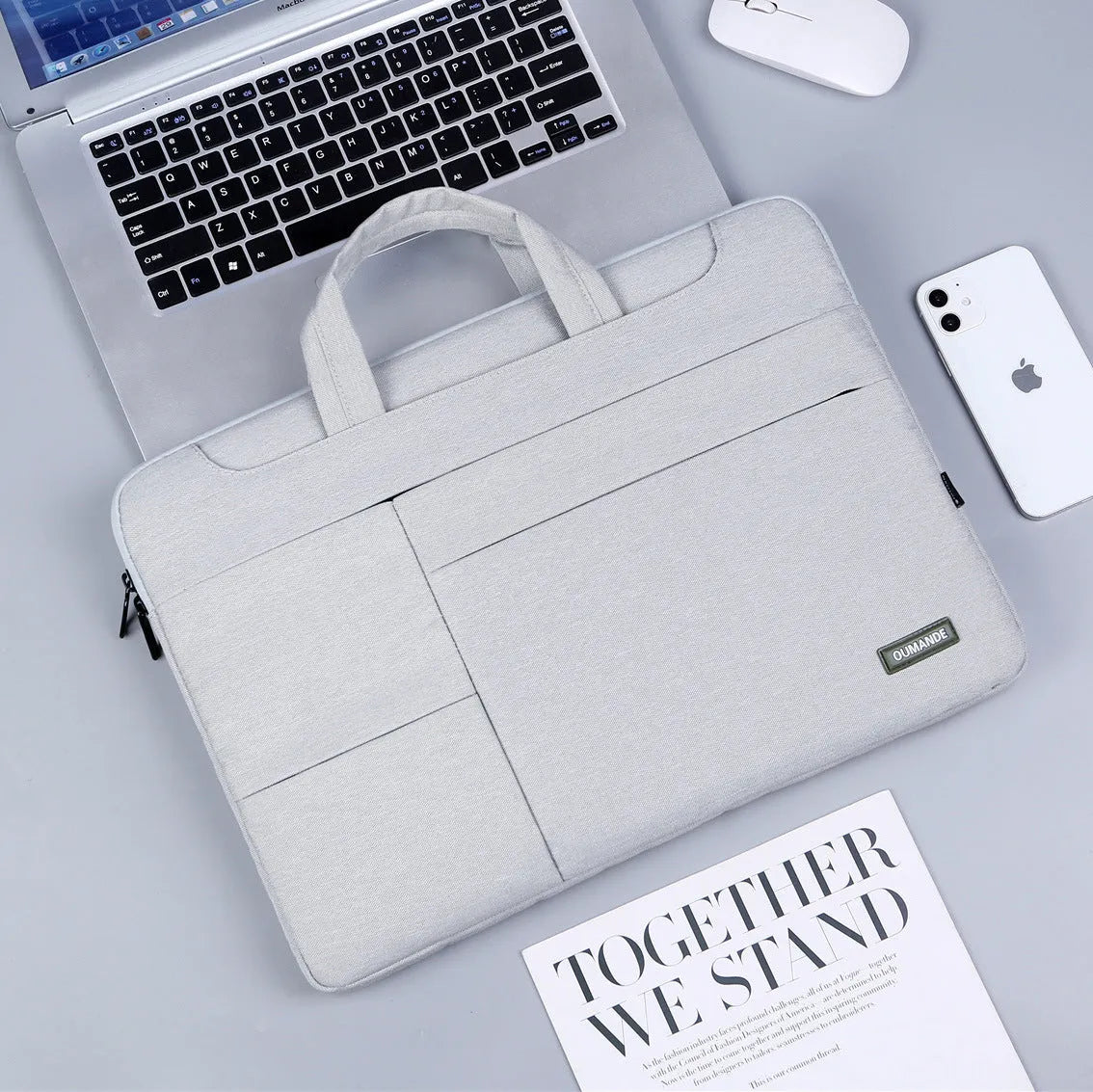 15.6-inch waterproof Oxford cloth laptop bag in dark grey with sewing line detailing