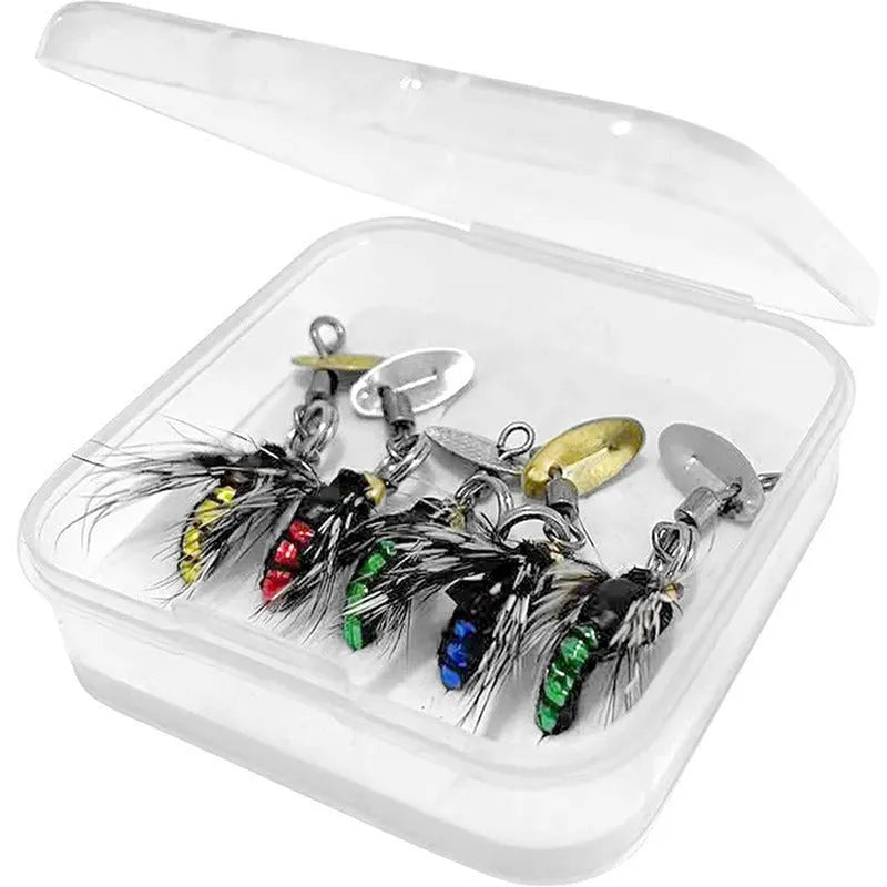 Five multicolour fishing hooks with poisonous mosquito and fly patterns and spinning sequins