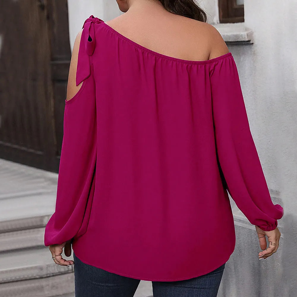 Women's loose fit rose red pullover top with bow detail, hollow-out knit texture, and long sleeves