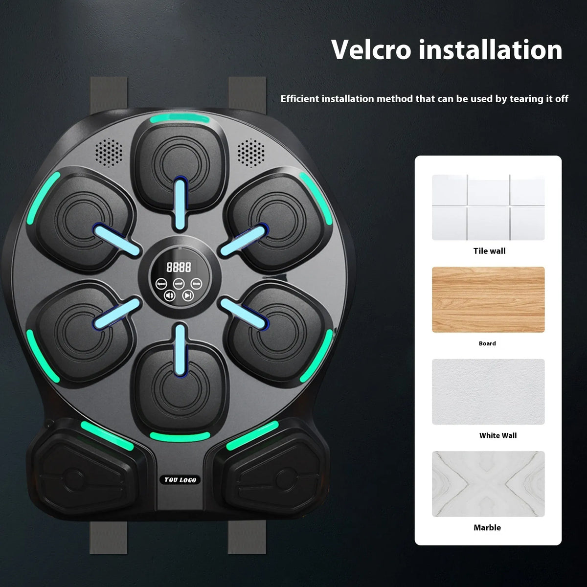 Black wall-mounted smart music boxing machine with PU 8-target double angle double light design and adult half finger gloves