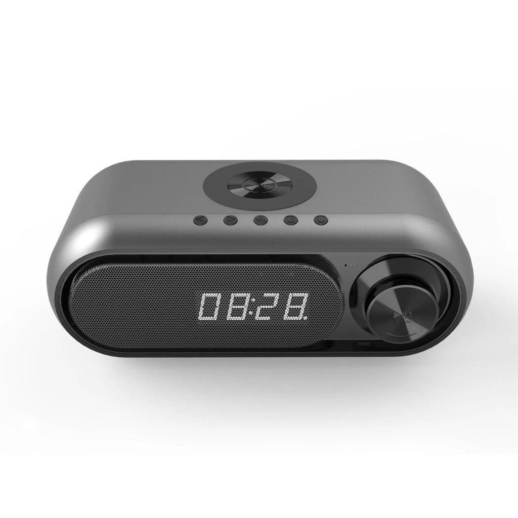 Space grey bedside wireless charging alarm clock with digital display and Bluetooth speaker