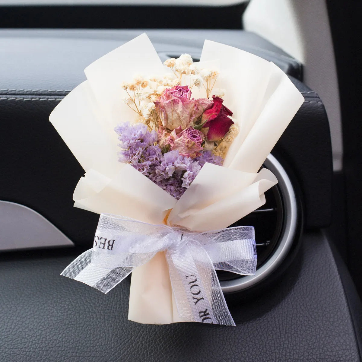 Handmade dried flower car vent perfume with scented inserts in various colours