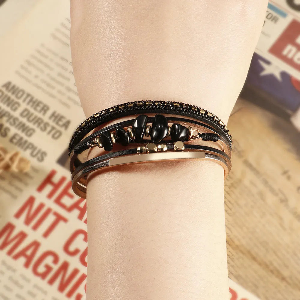 Boho copper tube bracelet with natural stone and magnetic snap on leather band, seven colour options