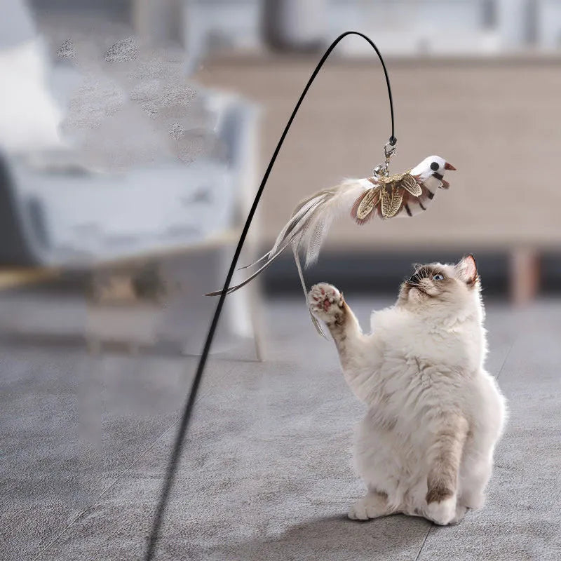 Cat teaser stick with feather head, 75cm steel wire rod and 13.5cm PVC handle