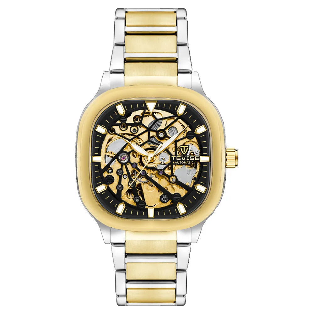 Automatic men's watch with luminous square dial on a stainless steel strap, shown in blue colour.
