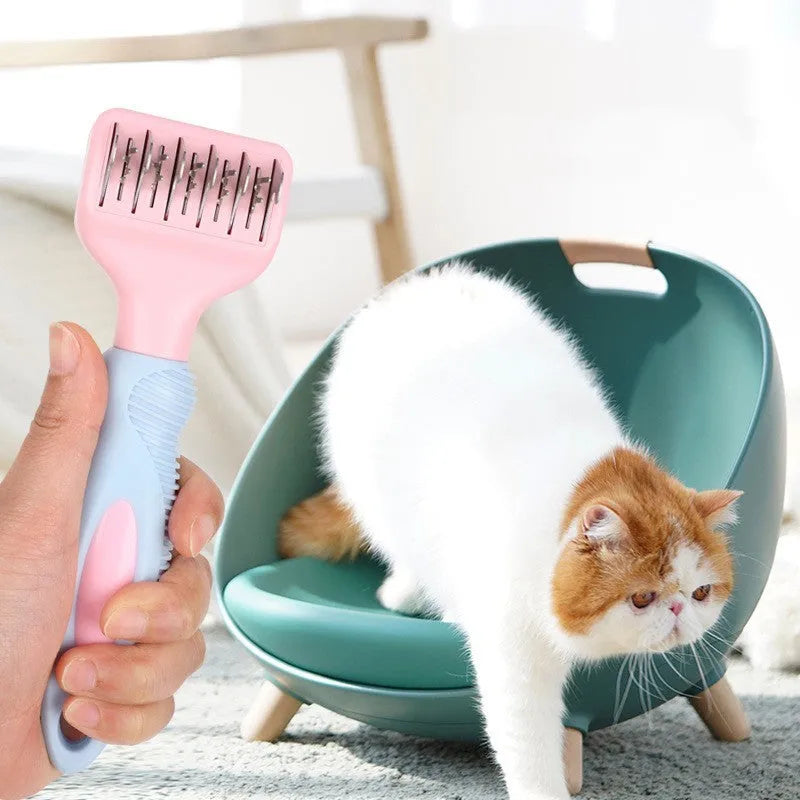 Pink stainless steel dog comb with knot knife edge and massage brush for pet grooming