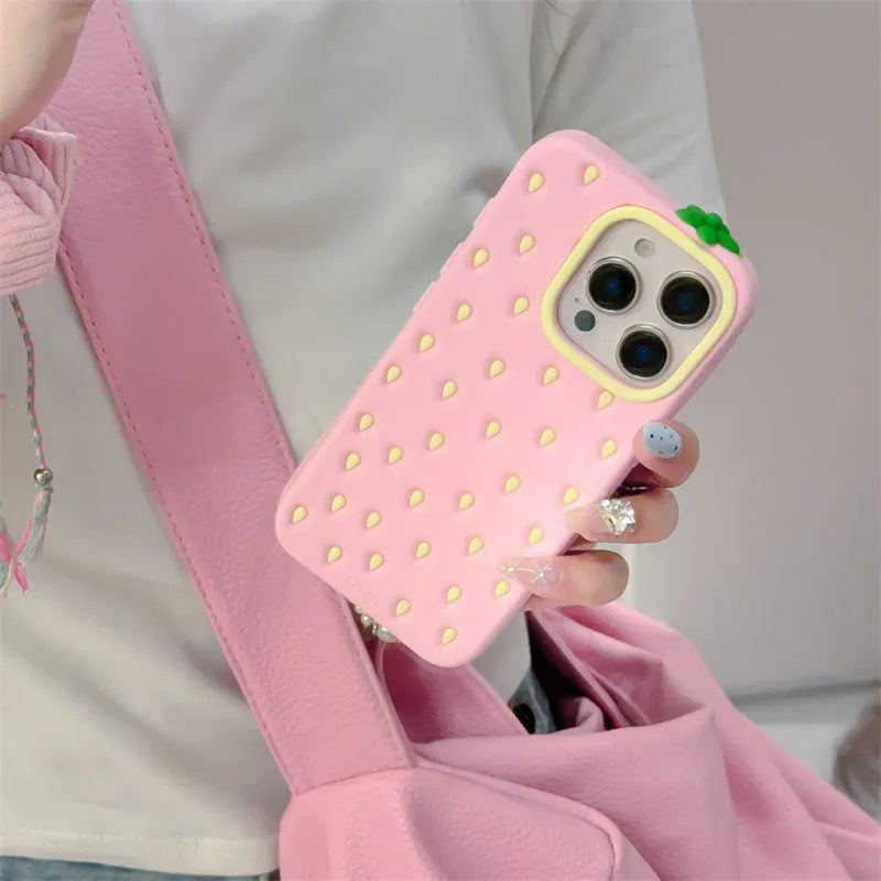 Pink strawberry silicone phone case for iPhone, soft shell with fall protection