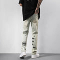 American Vintage khaki straight-leg distressed jeans with yellow mud dye letter print on cotton denim, mid-rise, zip fly