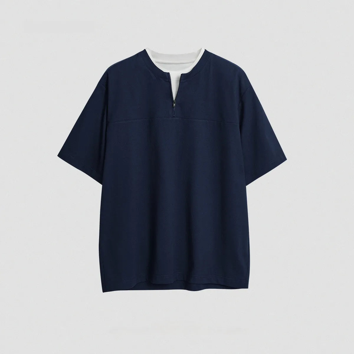 Loose solid colour pullover top with patchwork design and false zip detail in sapphire blue