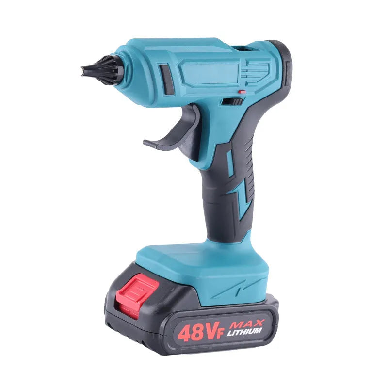 Handheld bare metal rechargeable hot melt glue gun with battery, charger, and glue sticks.