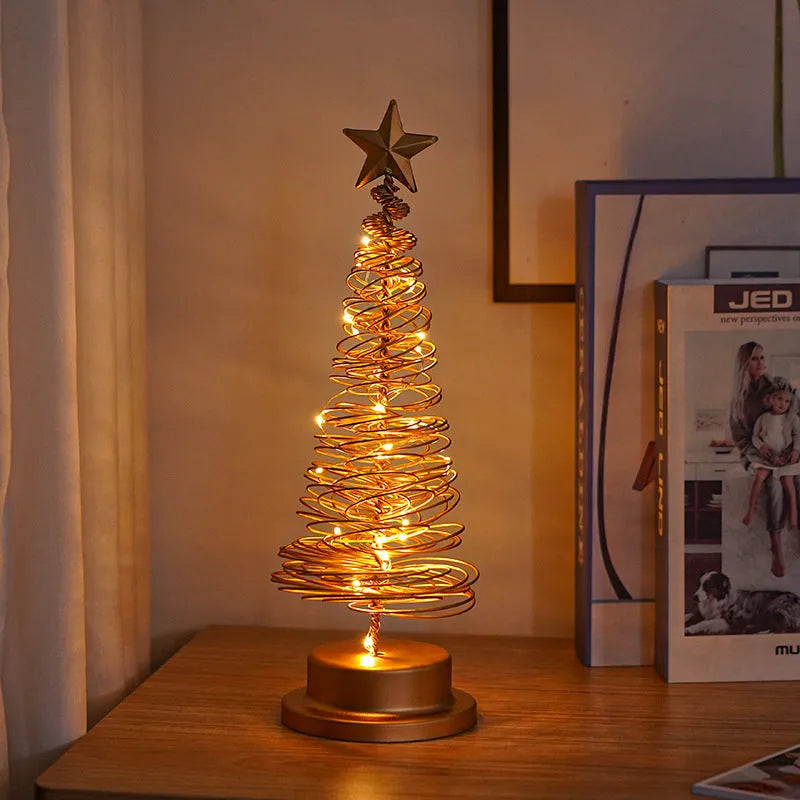 33cm tall wrought iron LED Christmas tree spiral light with warm white lights on tabletop