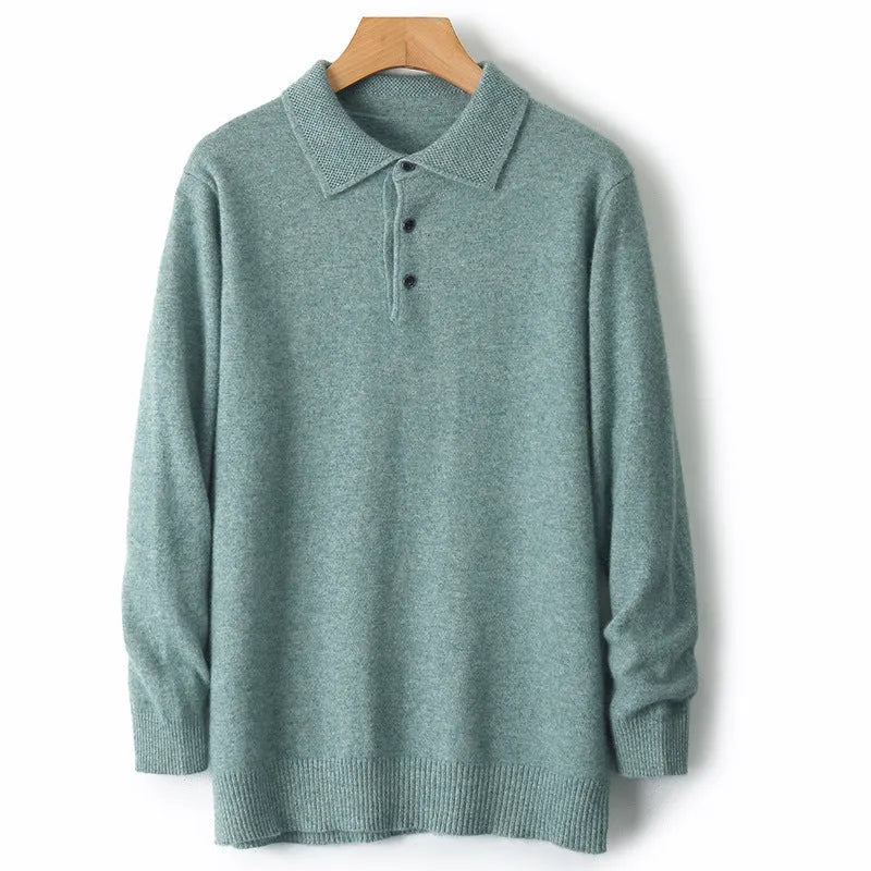 Men's grey wool pullover sweater with a polo collar and long sleeves laid flat