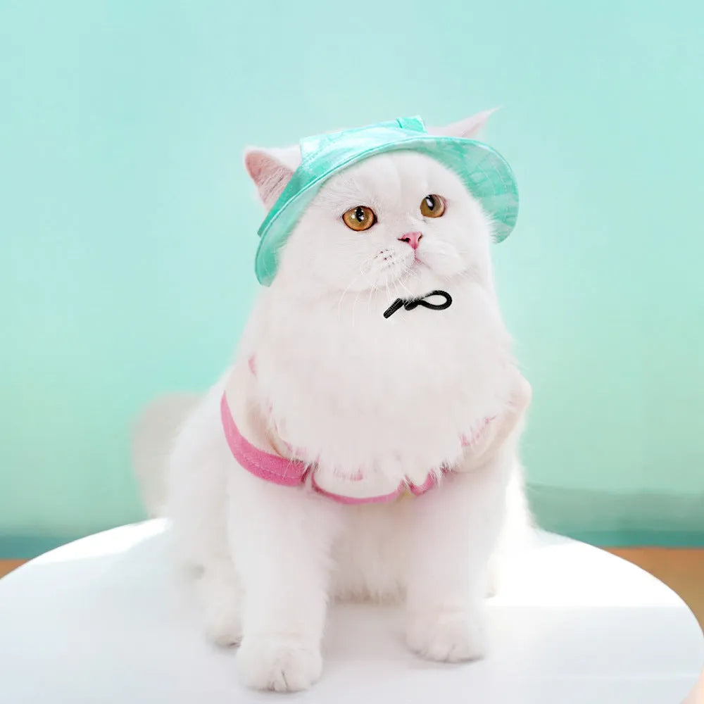 Pet sun hat for dog and cat with adjustable chin strap, polyester bucket style, available in multiple tie-dye colours