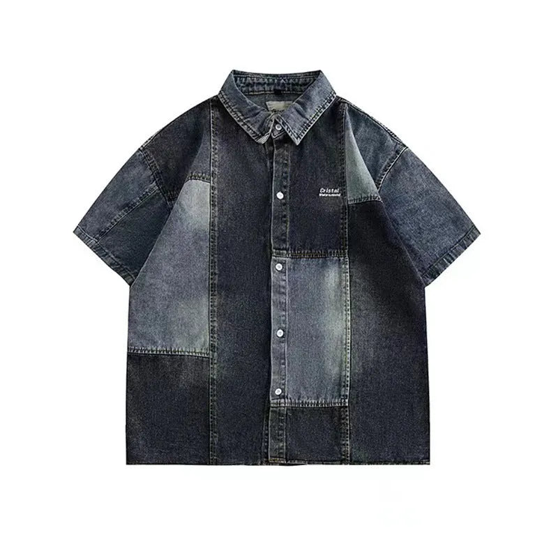 Blue Japanese-style retro denim shirt for men with loose cardigan fit and stitching detail