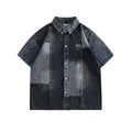 Blue Japanese-style retro denim shirt for men with loose cardigan fit and stitching detail