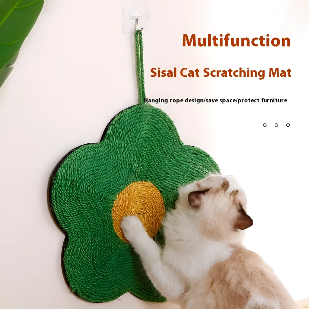 Sisal cat scratching board in green flower design showing woven texture