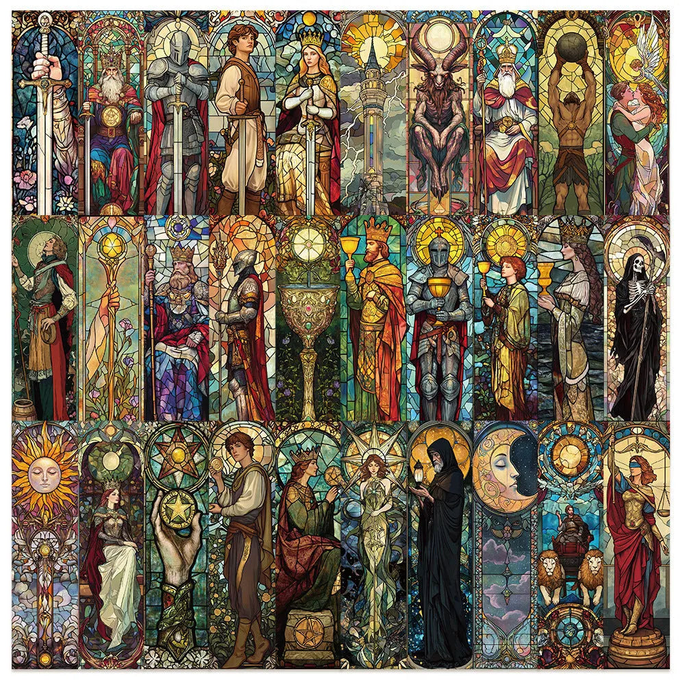 Set of 30 painted glass tarot bookmarks with cute designs on paper, showing colourful illustrations