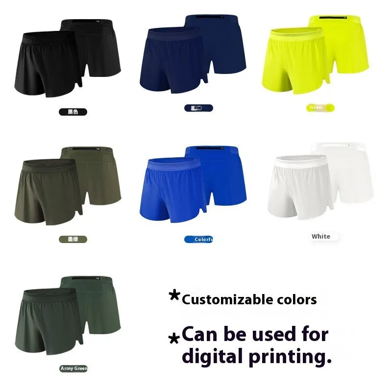 Men's polyester exercise shorts with breathable sweat-wicking design and anti-exposure lining, available in eight colours.