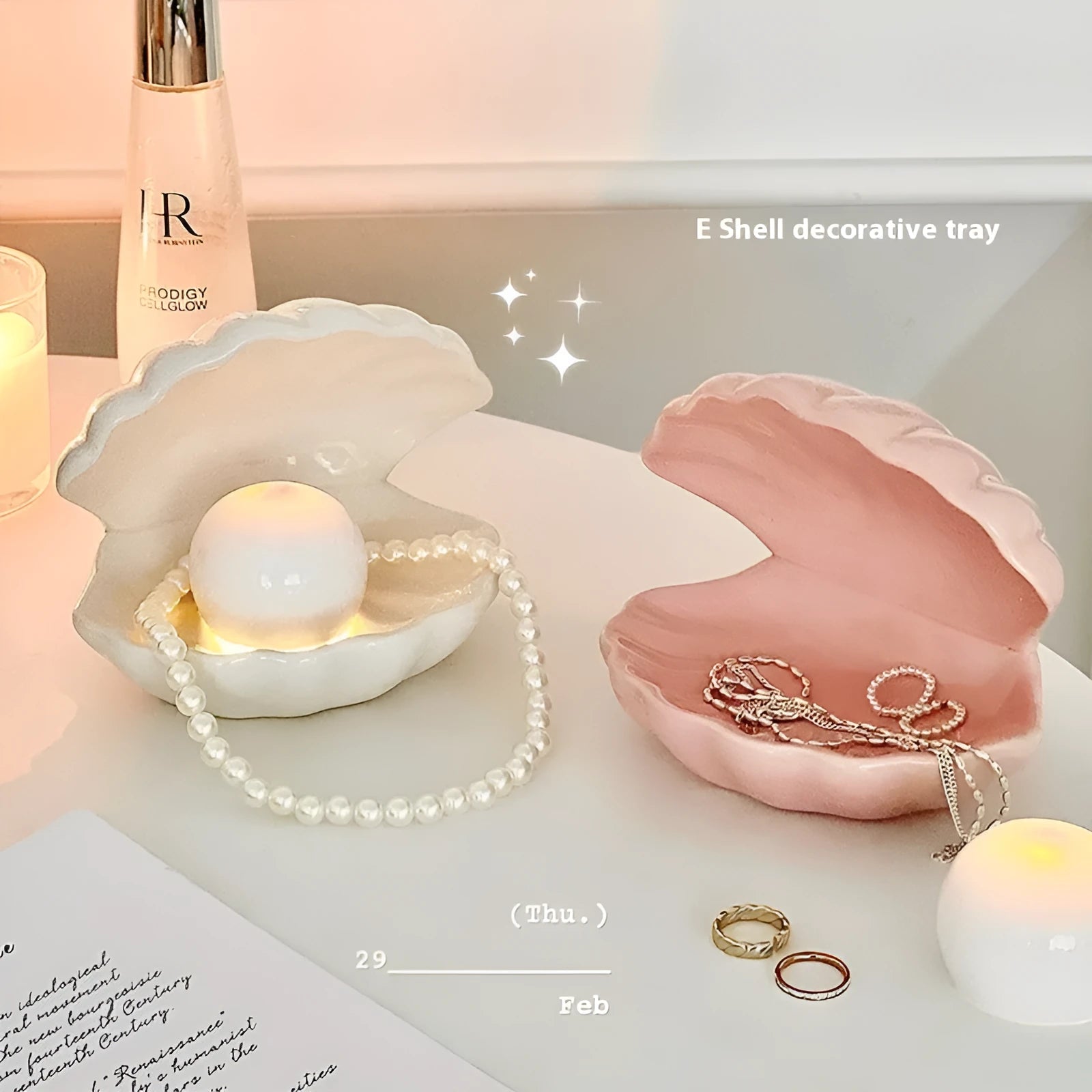 White porcelain storage tray with optional small integrated LED night light, shown in pink and white colour options.