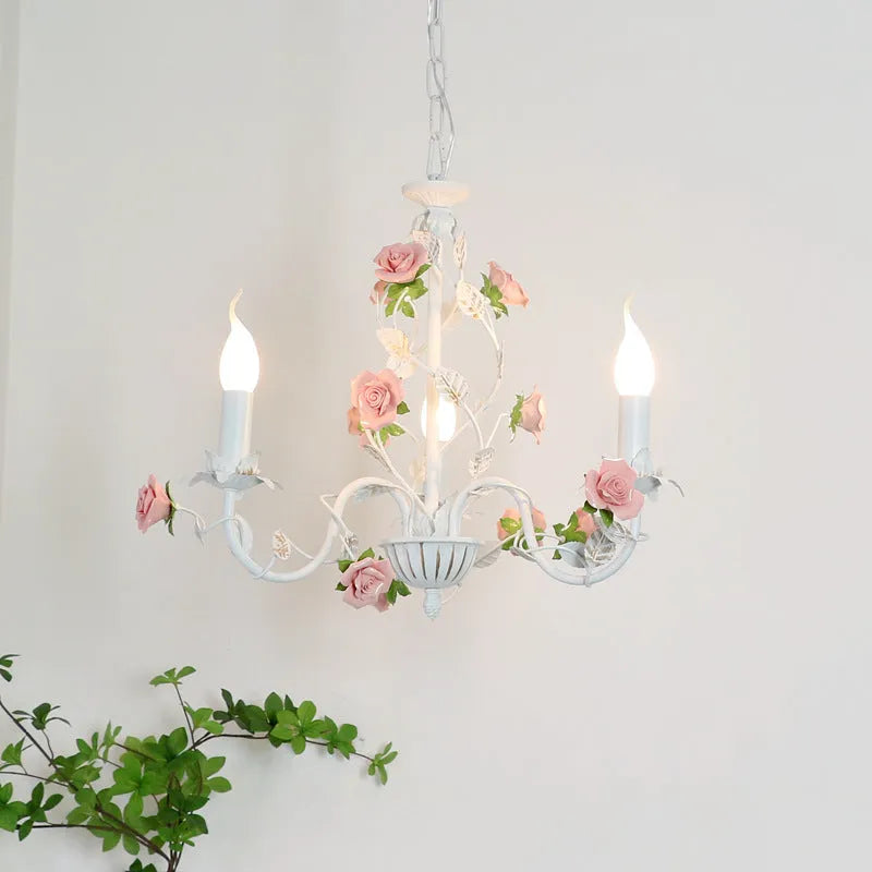 Wrought iron chandelier with flower and plant detailing, 3 6 or 8 heads, 220V, French pastoral style