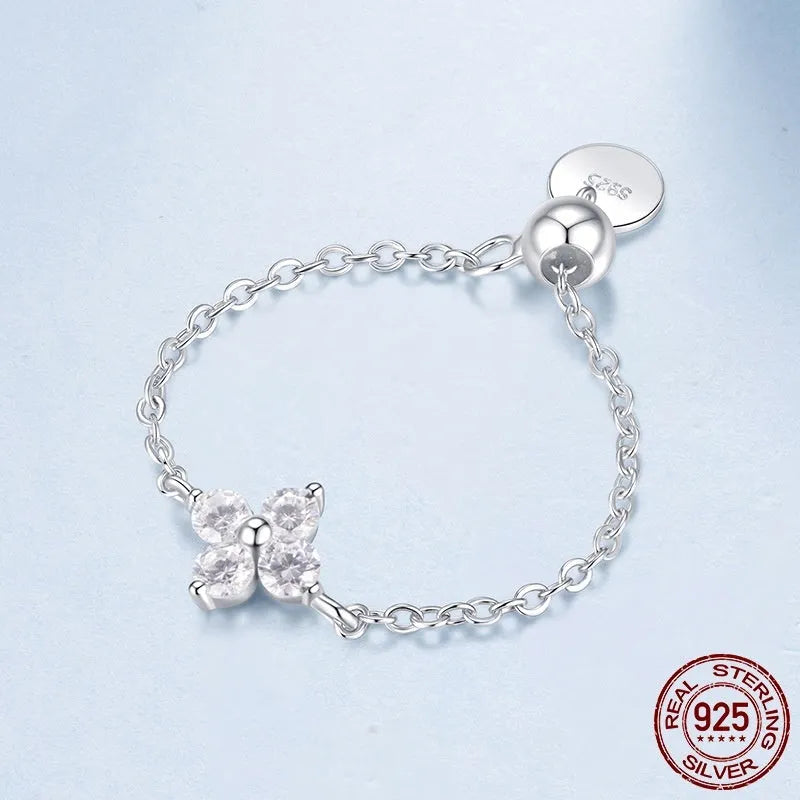 S925 sterling silver four-leaf clover chain ring with adjustable open band in BSR694-E colour